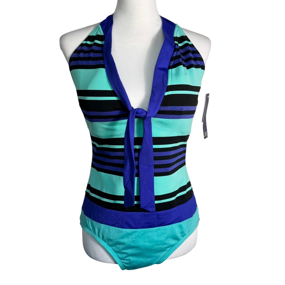 JAG‎ NWT Women's 16 Aqua Blue Striped One Piece Halter Top V Neck Swimsuit Beach